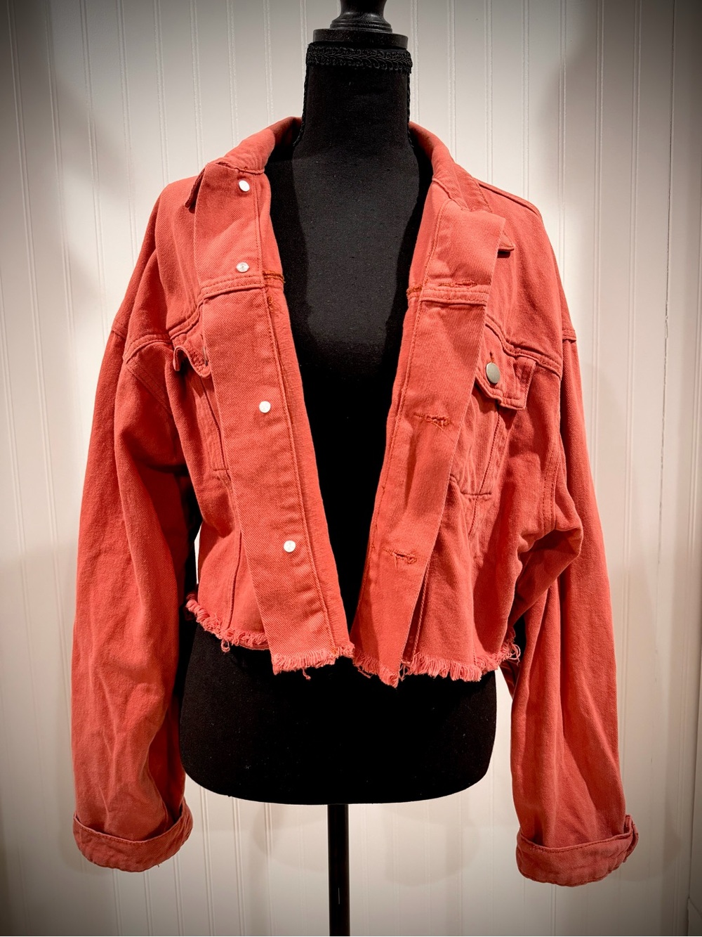 Women's Cropped Distressed Jacket - Rust Red